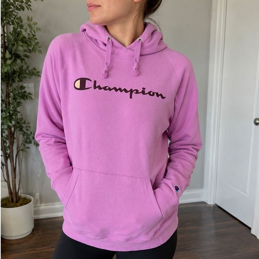 Champion Womens Script Logo Hoodie Sweatshirt Pink Purple Kangaroo Pocket Small